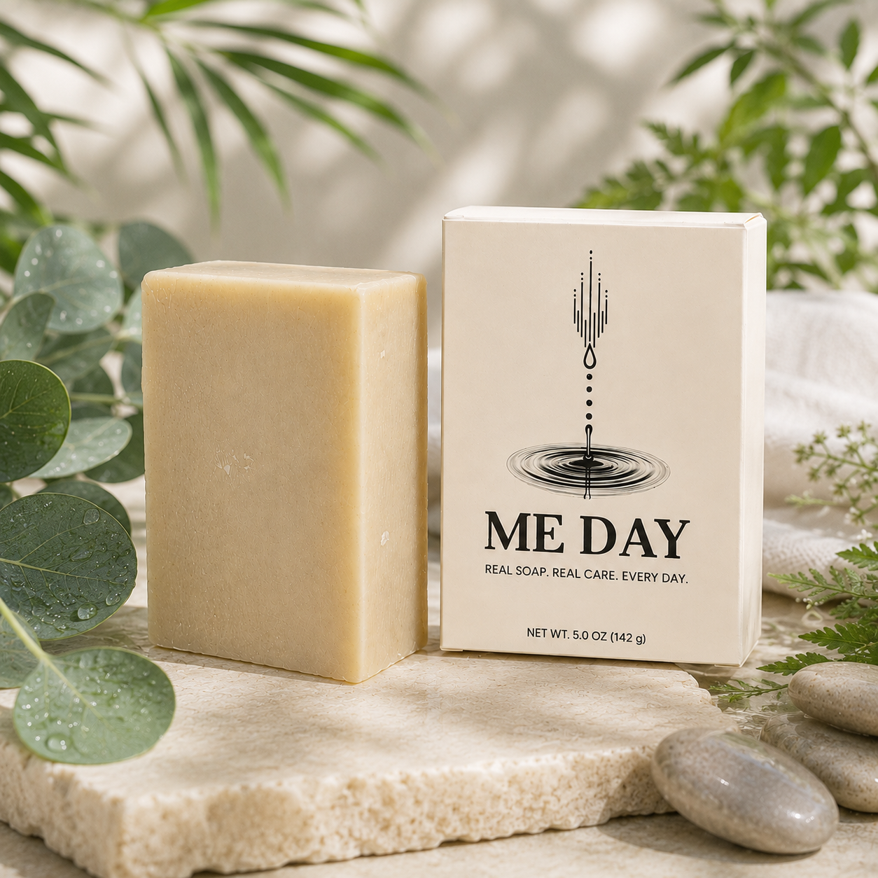Bar of me day soap - fresh air next to soap box.