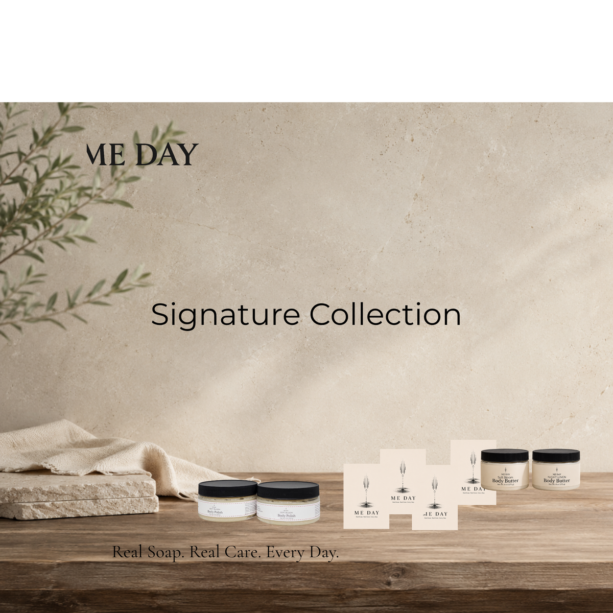 Me Day Signature Collection featuring four handcrafted essential oil soap bars, two body butters, and two emulsified body polishes displayed on a warm wooden table against a soft ivory backdrop.