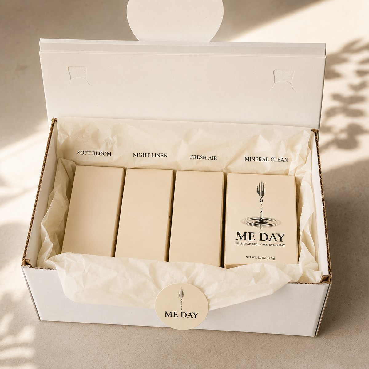 Me Day Discovery Soap Box - white shipping box including 4 boxed bars of soap, one in each signature scent.