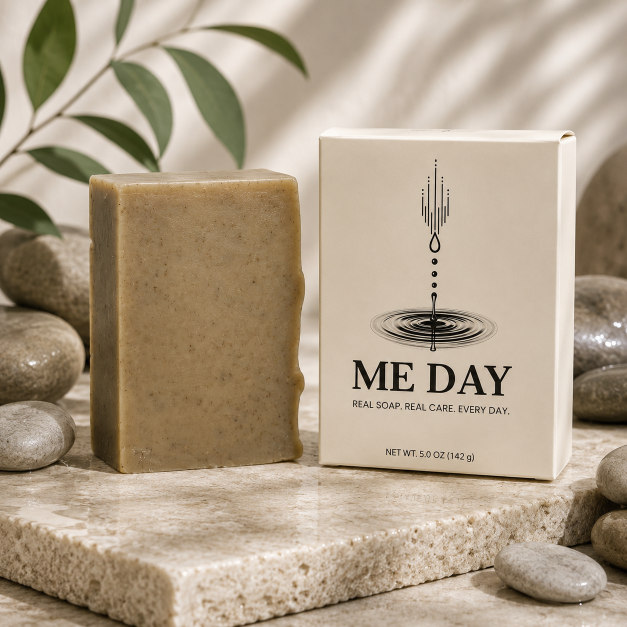 bar of me day soap - mineral clean next to soap box.