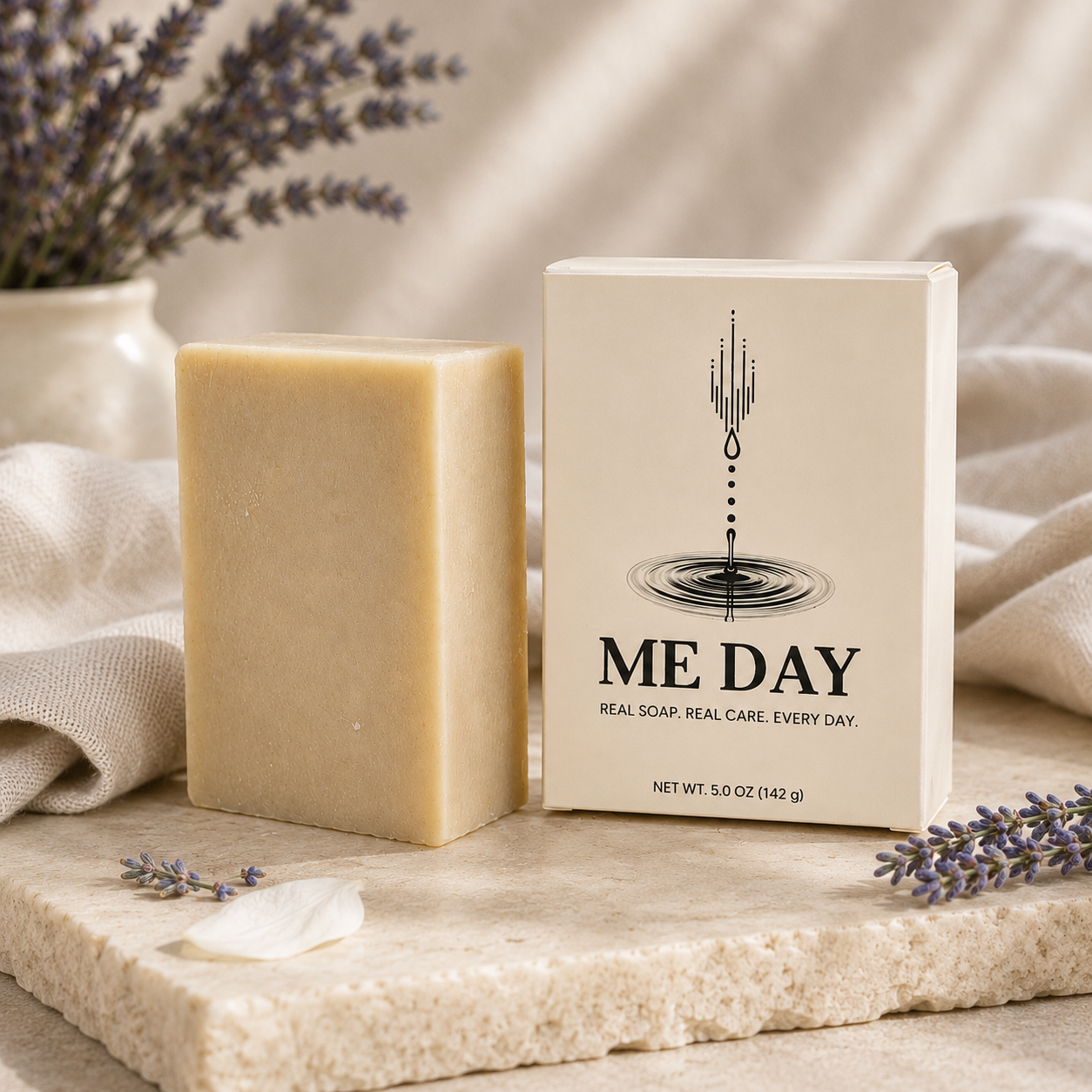 bar of me day soap - night linen next to soap box.