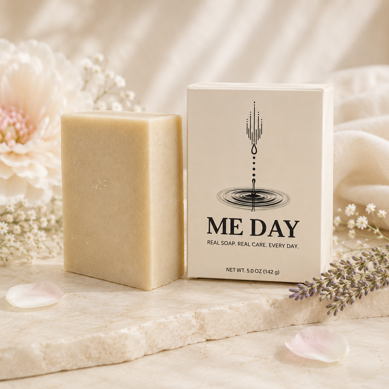 bar of me day soap - soft bloom next to soap box.